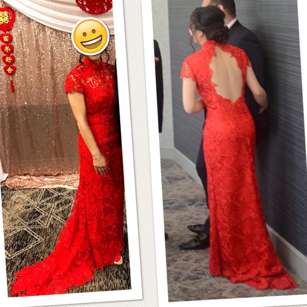 Modern QiPao (Red Lace) dress with train